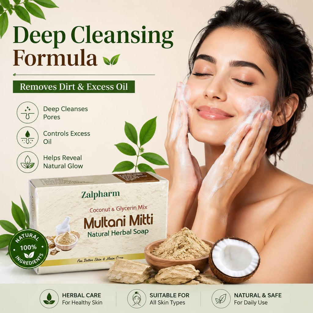 Zalpharm Organic Multani Mitti Soap with Coconut Oil | Handmade Natural Bath Bar for Deep Cleansing, Oil Control & Skin Nourishment | Chemical-Free Face & Body Soap 100g (Pack of 6)