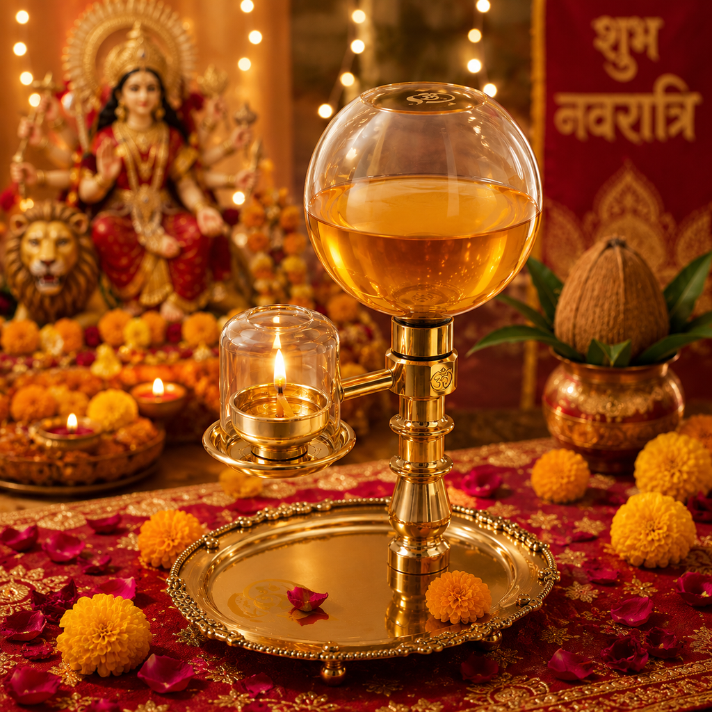 Akhand Diya Brass Oil Lamp with Glass Cover