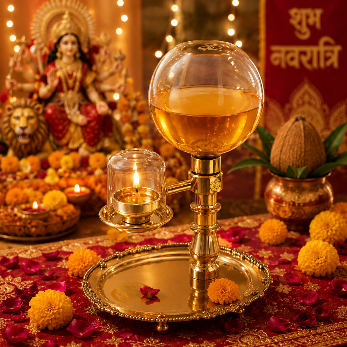 Akhand Diya Brass Oil Lamp with Glass Cover
