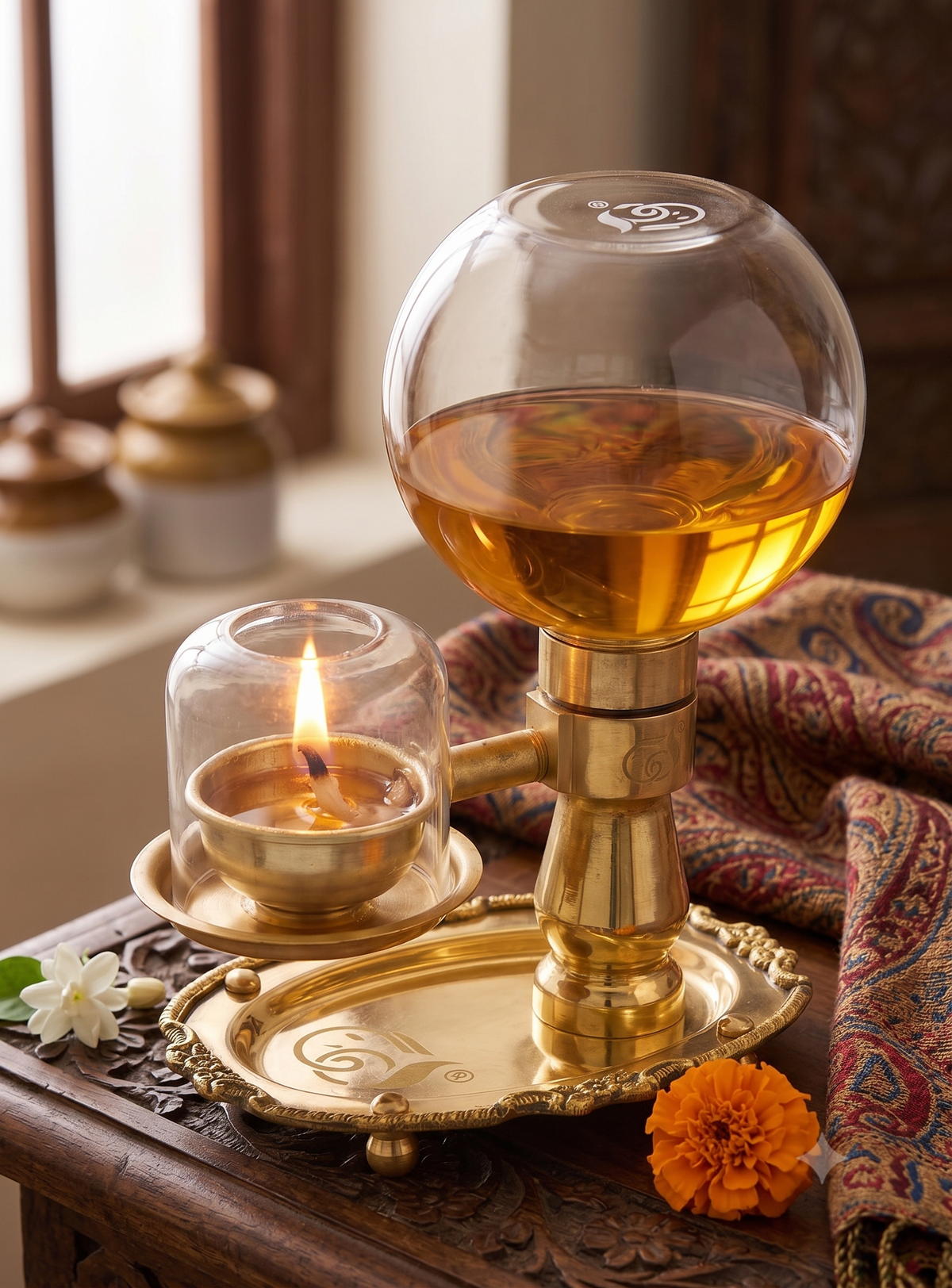 Akhand Diya Brass Oil Lamp with Glass Cover
